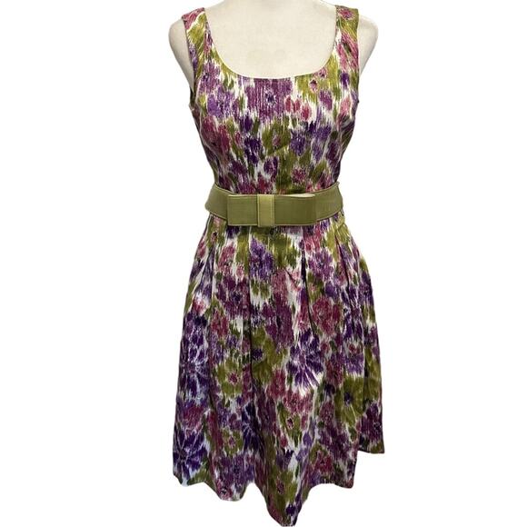 nwt Retro Floral Fit-n-flare Dress size US 0 Cotton Green Bow Belt - Picture 1 of 13